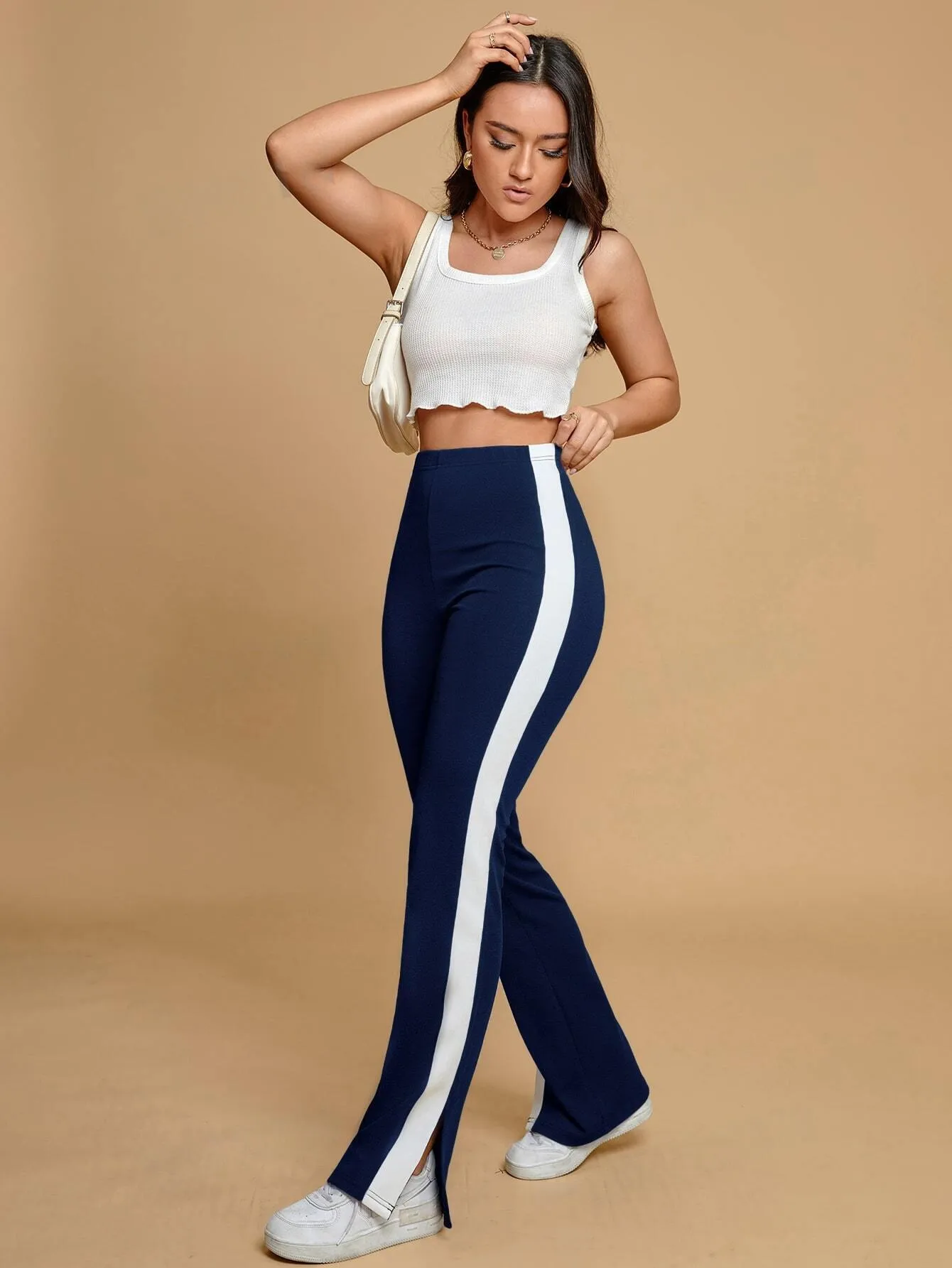 CONTRAST SIDE SEAM SPLIT HEM TROUSERS