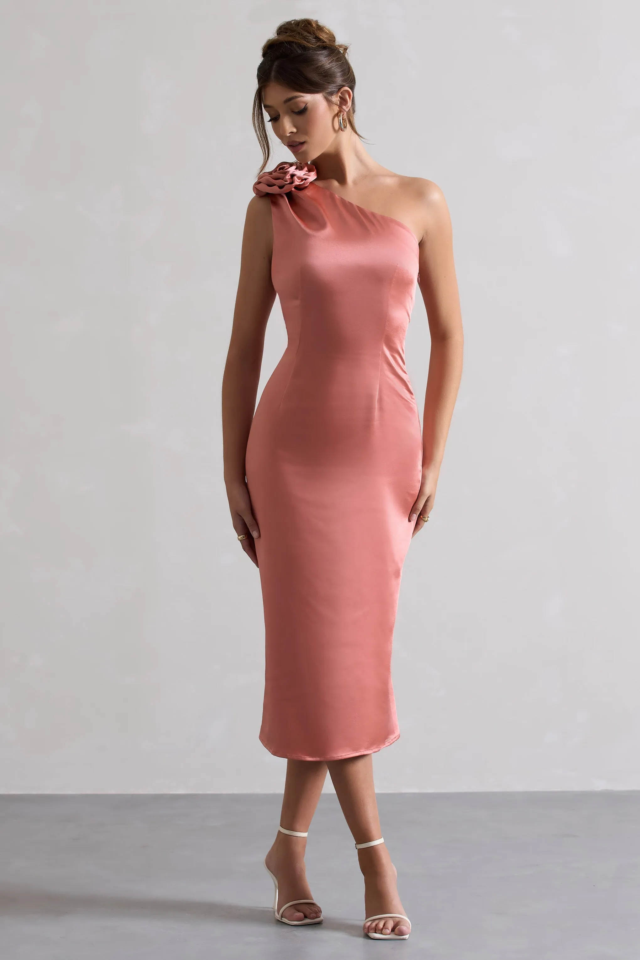 Coral Satin One Shoulder Ascot Midi Dress With Corsage - Google SEO friendly.