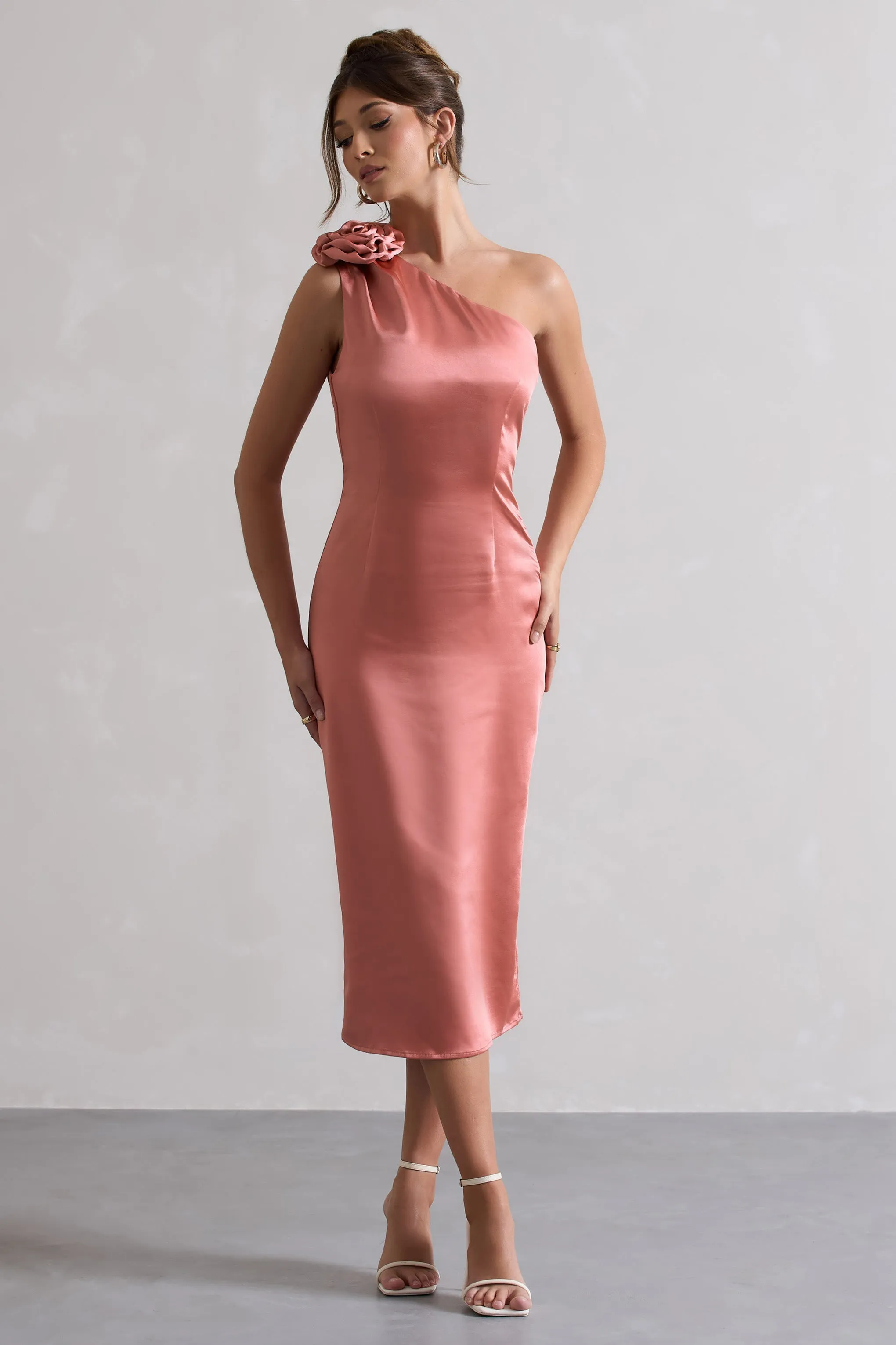 Coral Satin One Shoulder Ascot Midi Dress With Corsage - Google SEO friendly.