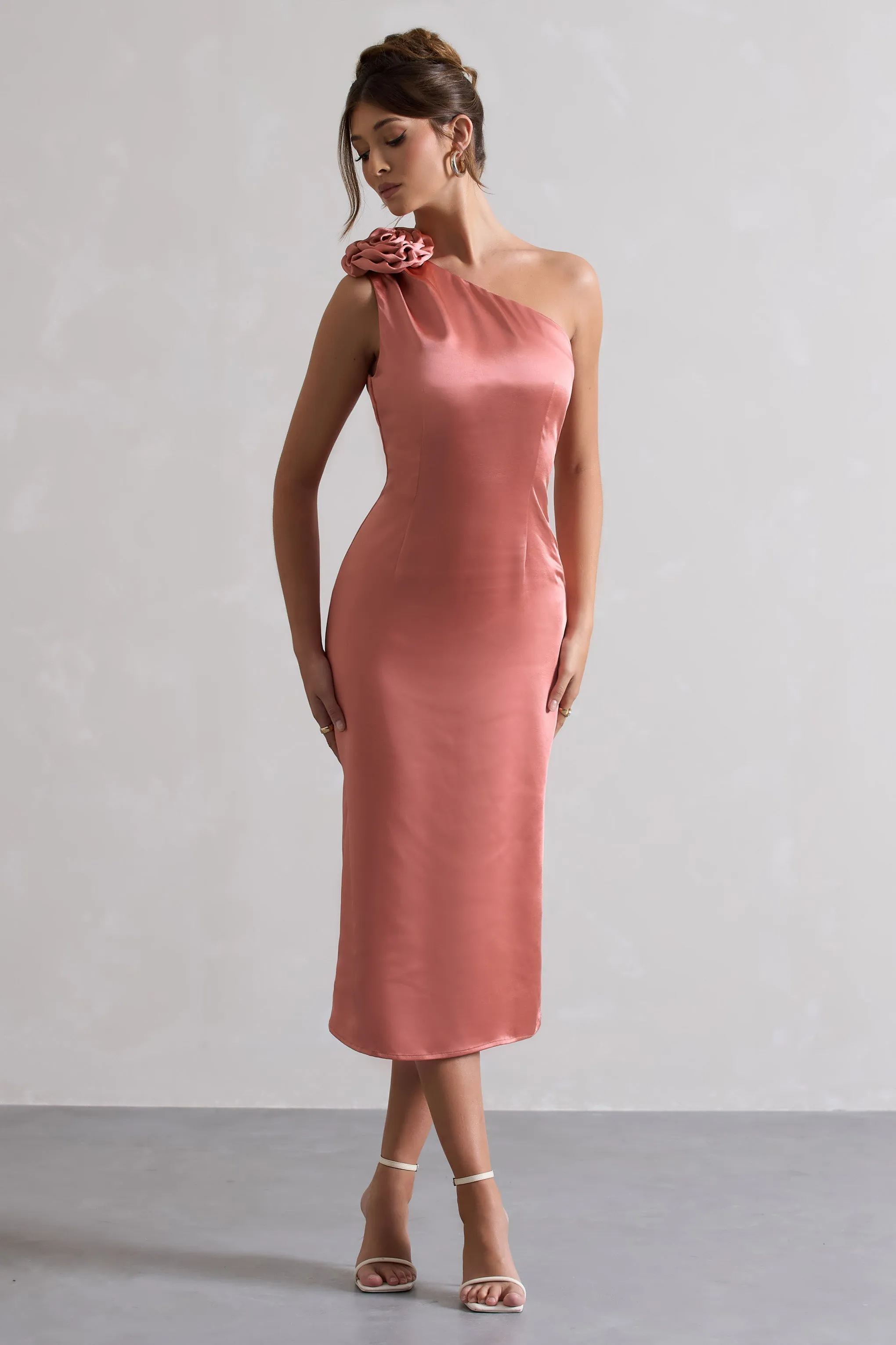 Coral Satin One Shoulder Ascot Midi Dress With Corsage - Google SEO friendly.