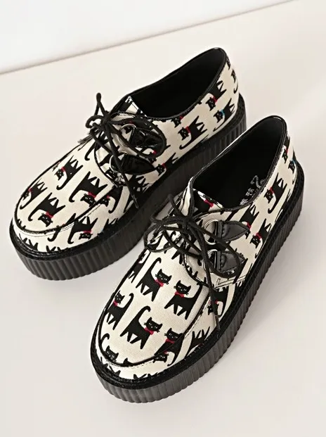 Cartoon Cats Lace Up Creepers Platforms Oxfords