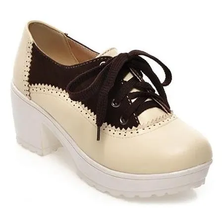 Cream and Brown Lace-Up Oxfords with Chunky Block Heels