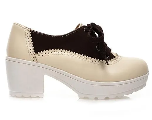 Cream and Brown Lace-Up Oxfords with Chunky Block Heels