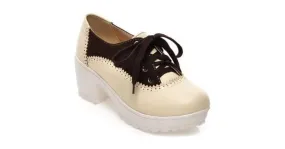 Cream and Brown Lace-Up Oxfords with Chunky Block Heels