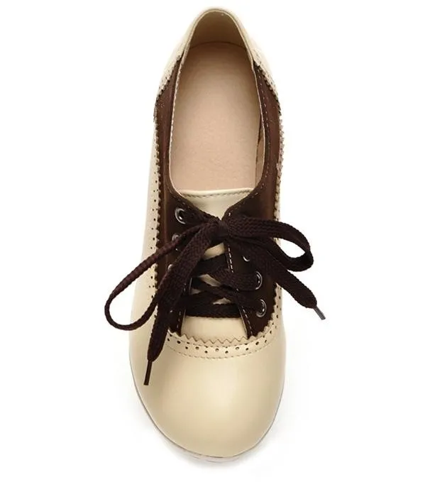 Cream and Brown Lace-Up Oxfords with Chunky Block Heels