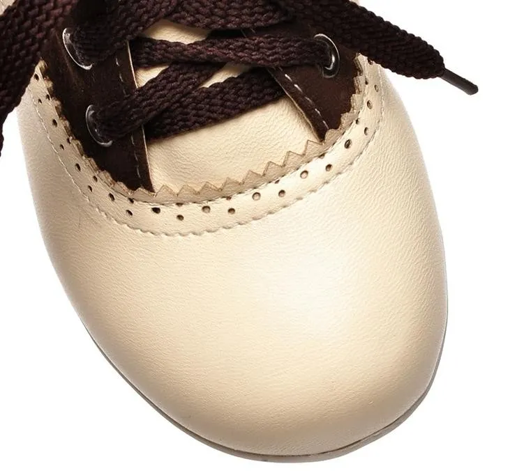 Cream and Brown Lace-Up Oxfords with Chunky Block Heels