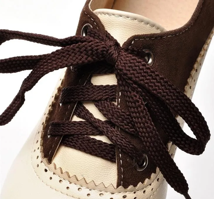 Cream and Brown Lace-Up Oxfords with Chunky Block Heels