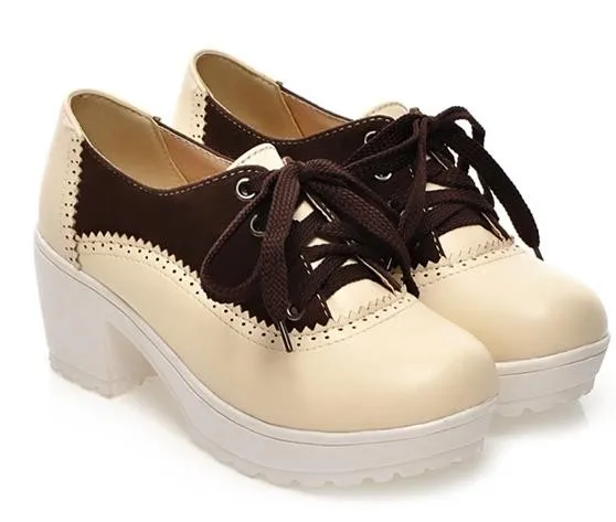 Cream and Brown Lace-Up Oxfords with Chunky Block Heels