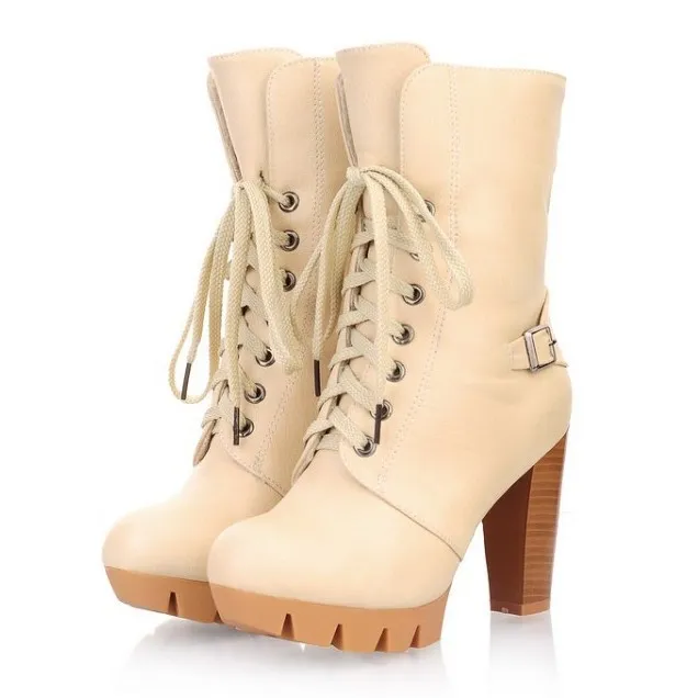 Cream Lace Up High Heel Combat Boots with Platforms