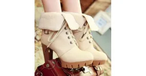 Cream Lace Up High Heel Combat Boots with Platforms