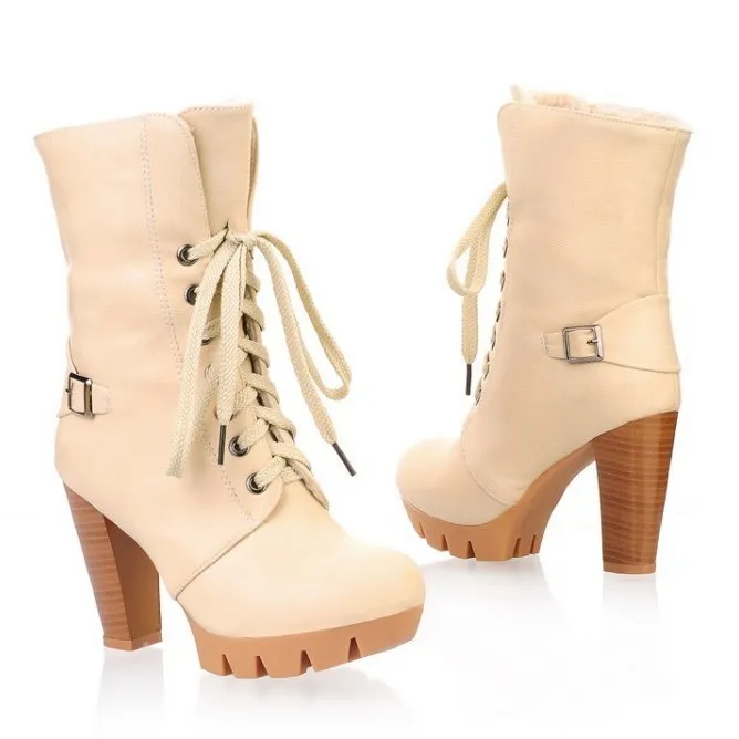 Cream Lace Up High Heel Combat Boots with Platforms