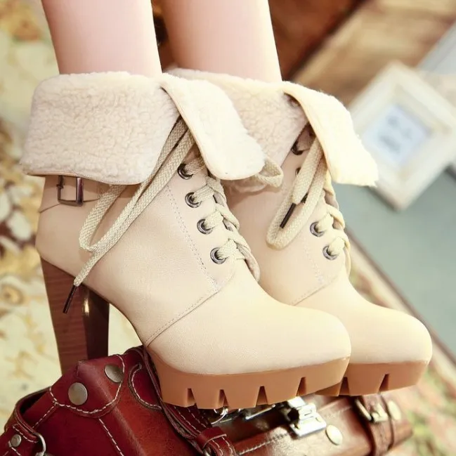 Cream Lace Up High Heel Combat Boots with Platforms