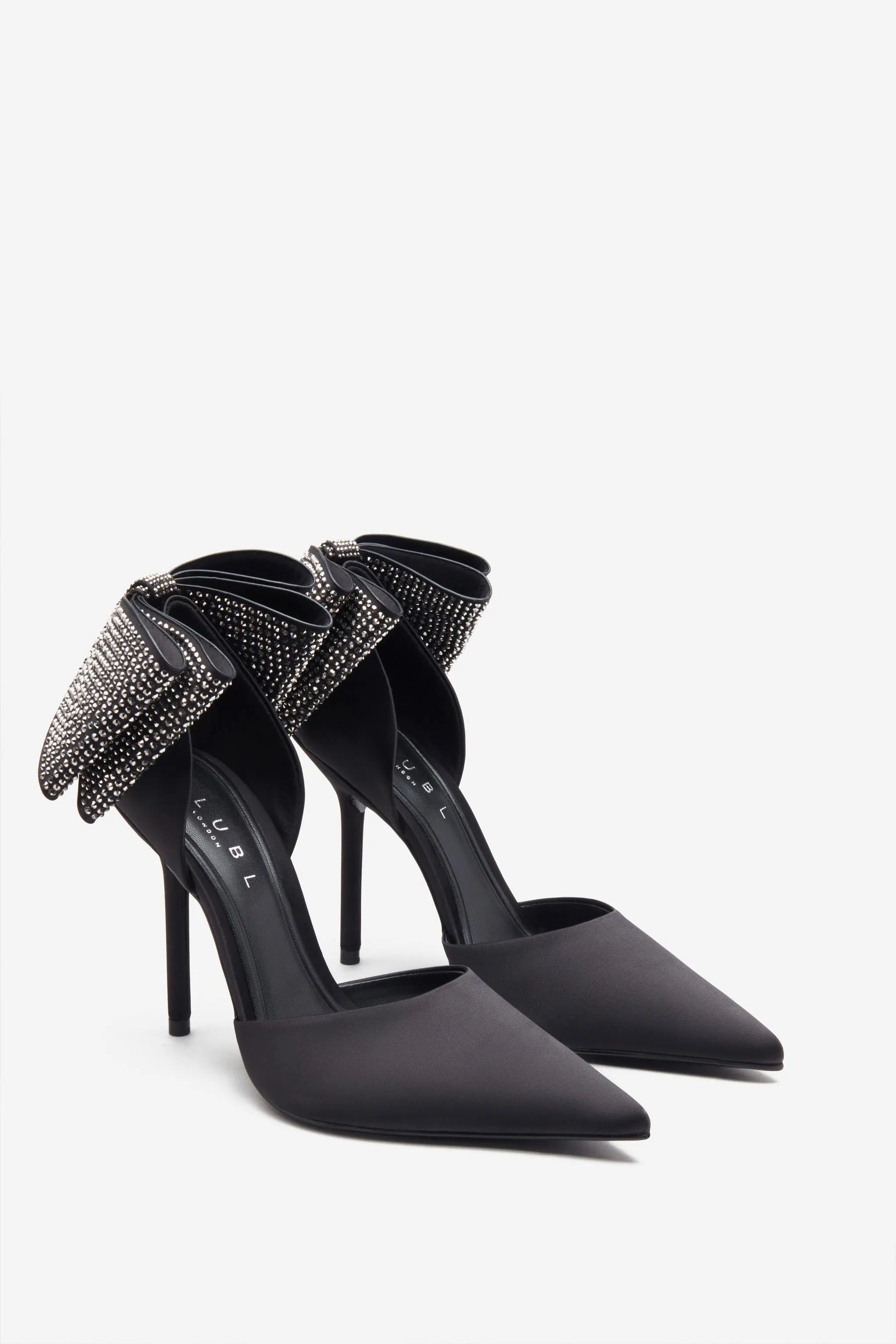 Crystal Bow Black Satin Court Heels - Sparkling Lights