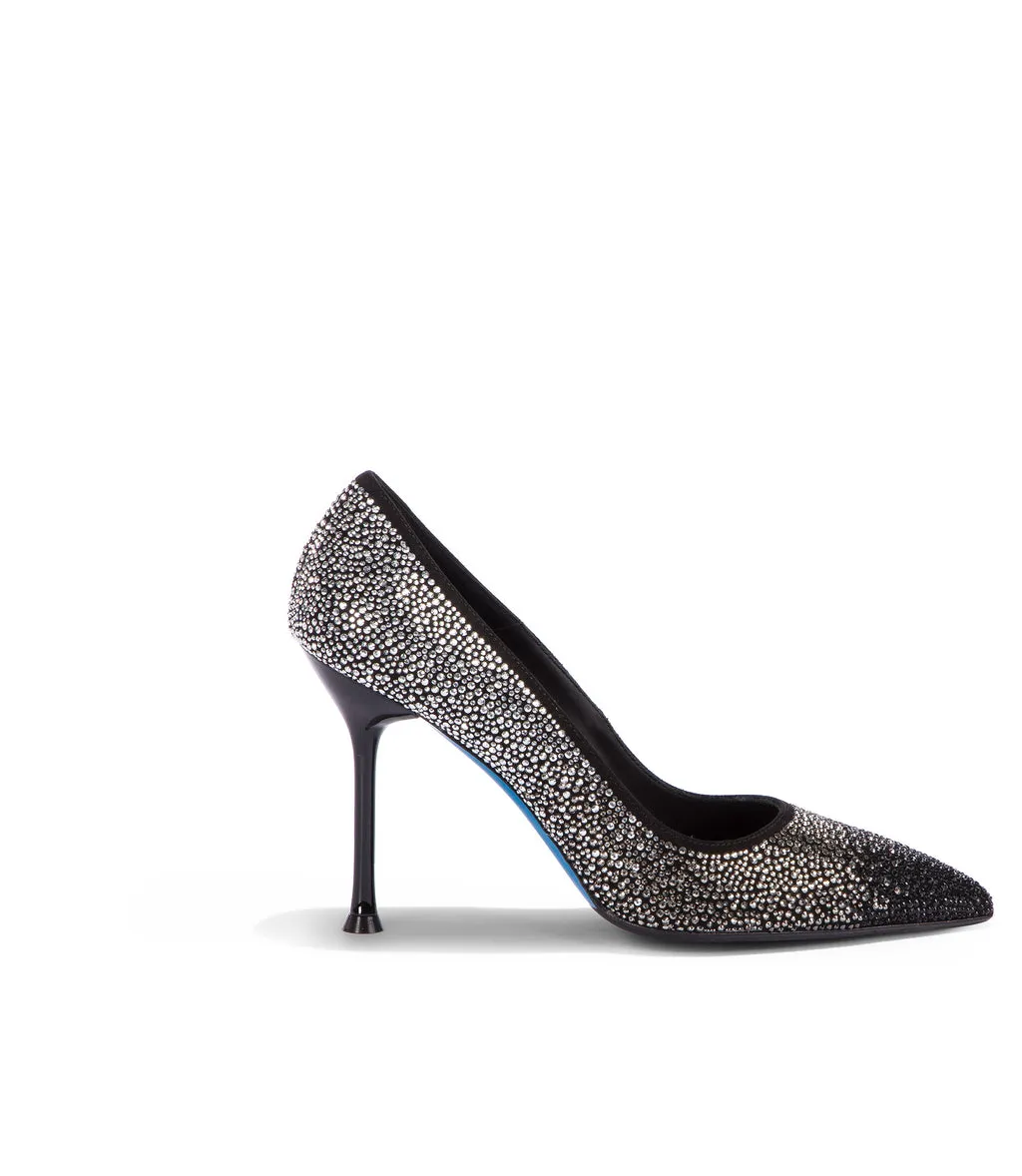 Crystal-embellished black suede pumps