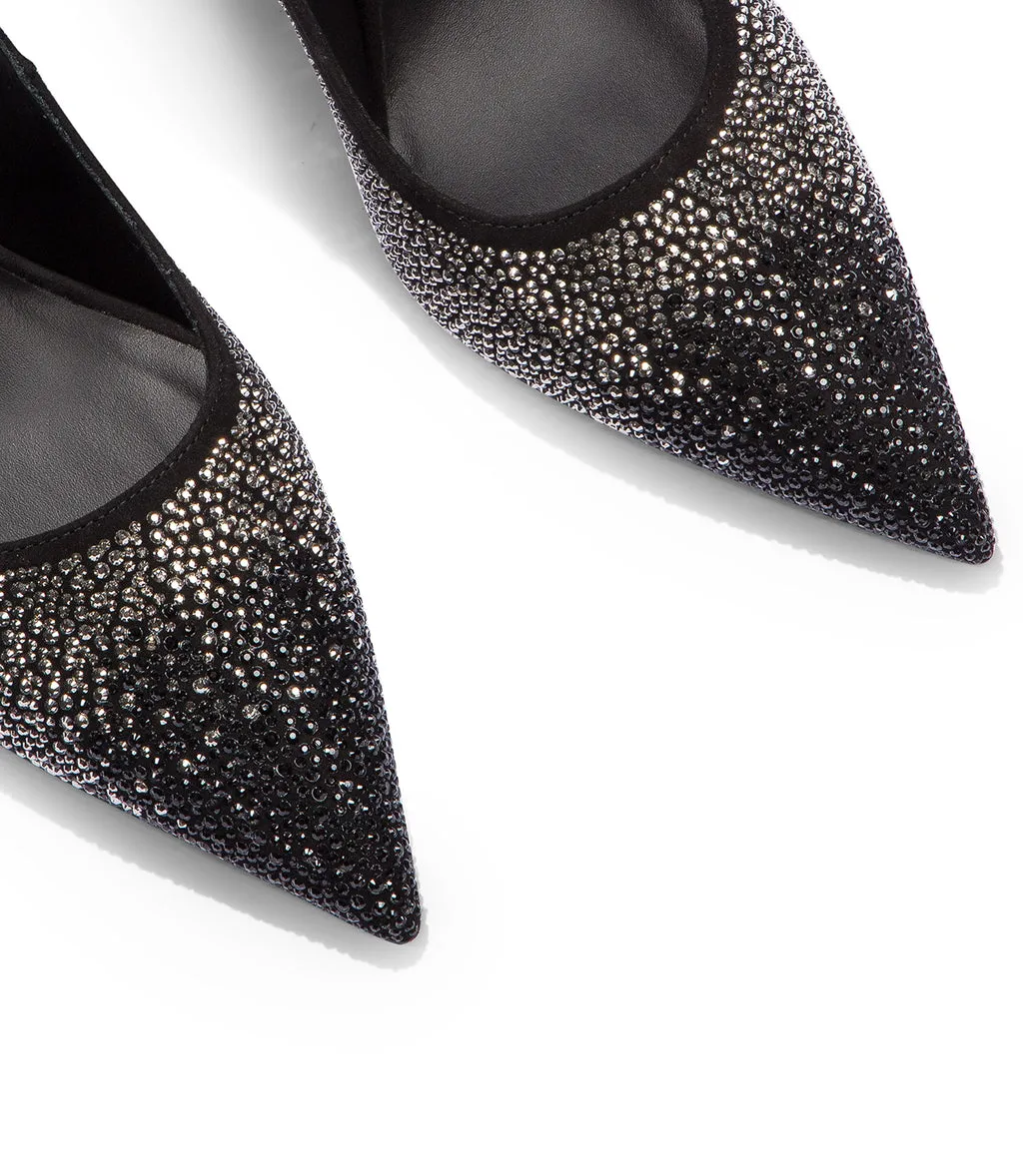 Crystal-embellished black suede pumps