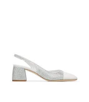 Crystal-embellished cream nappa leather and white suede slingback pumps