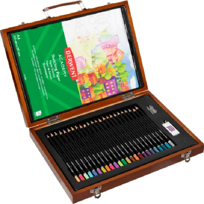 Derwent 24 Academy Coloured Pencils Set + Paper Pad Sharpener Eraser Wooden Box Set