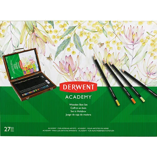 Derwent 24 Academy Coloured Pencils Set + Paper Pad Sharpener Eraser Wooden Box Set