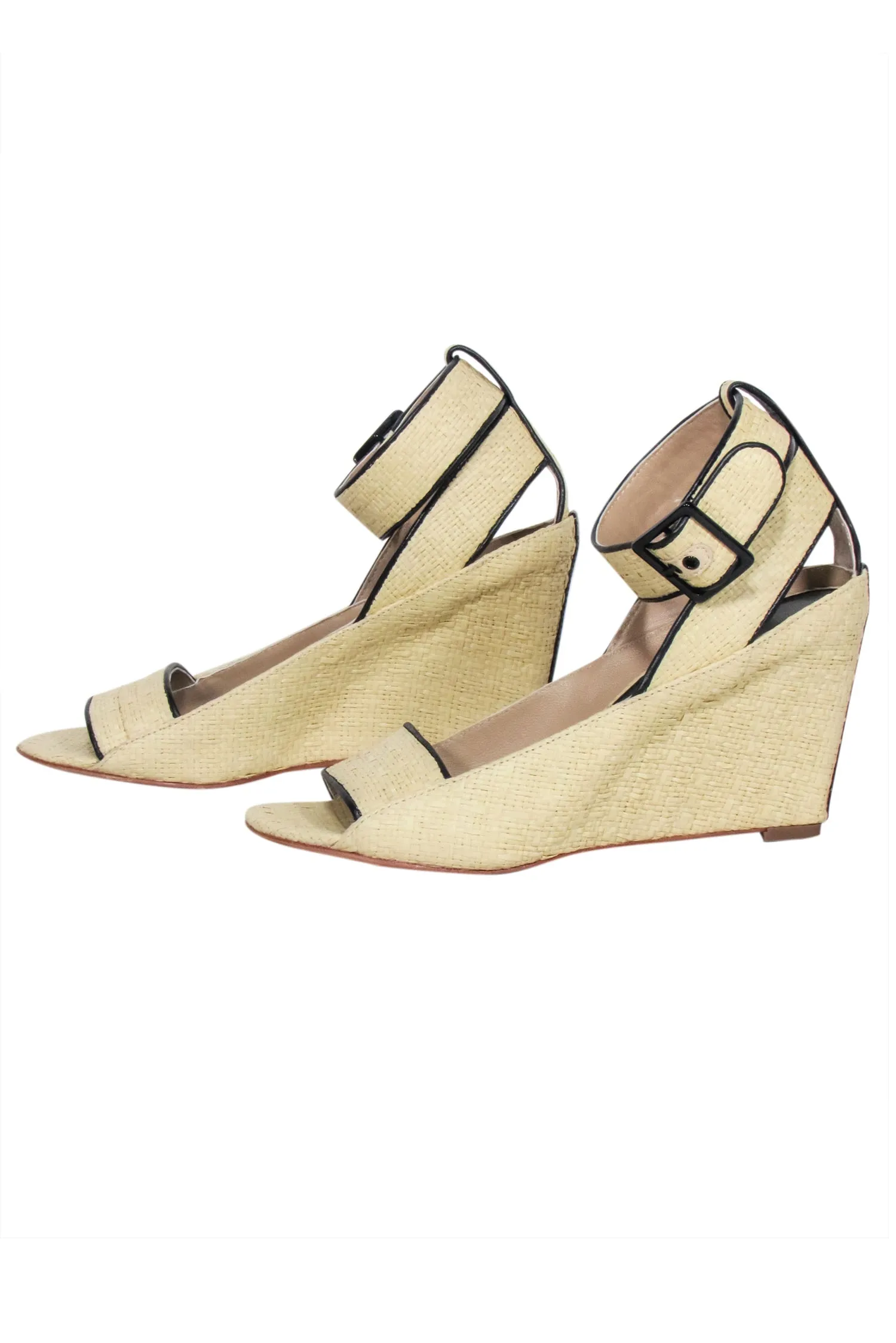 Diane von Furstenberg - Beige Woven Peep Toe Wedges Sz 7.5