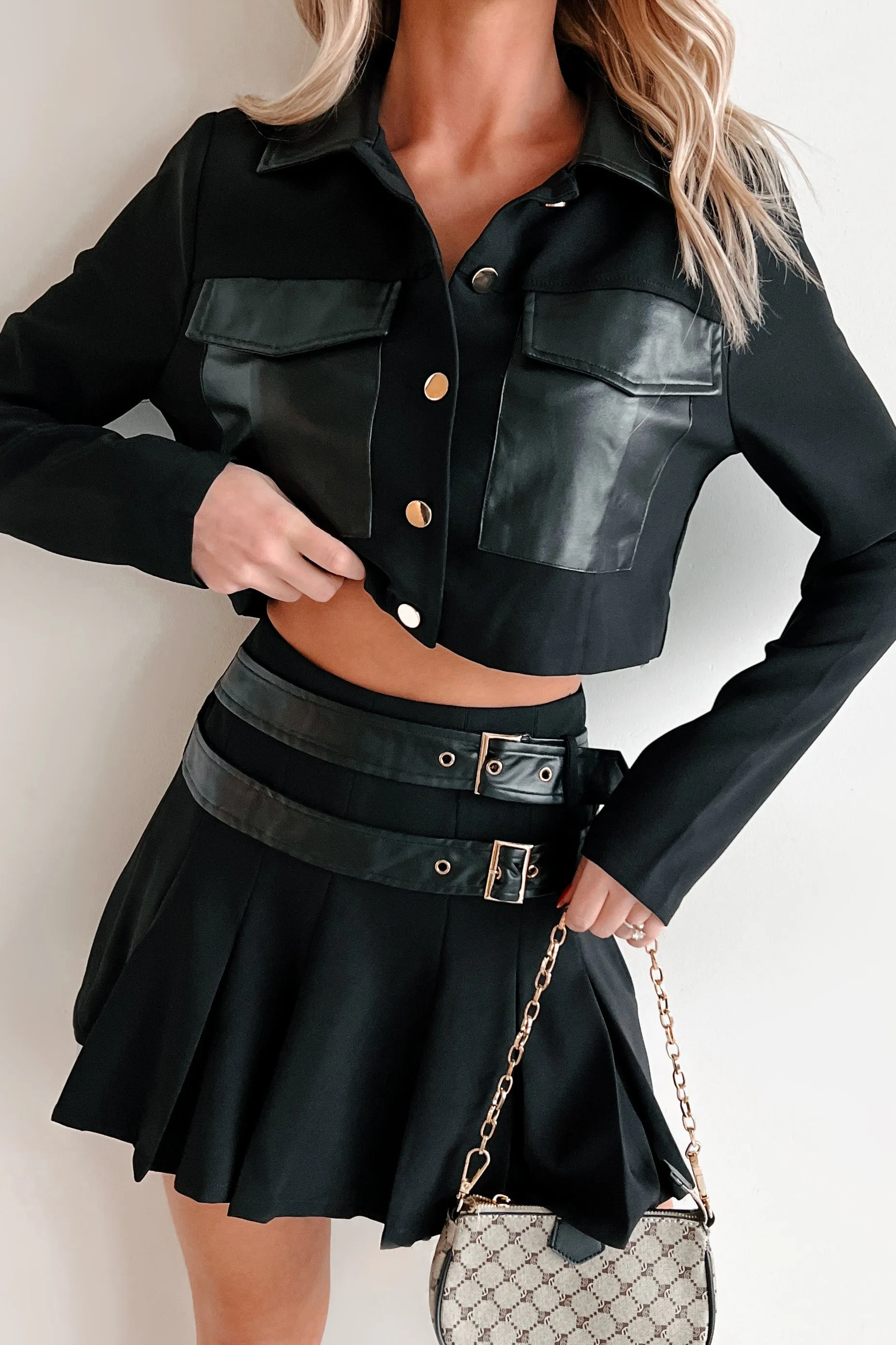 Different Type Of Girl Crop Jacket & Skirt Set (Black)