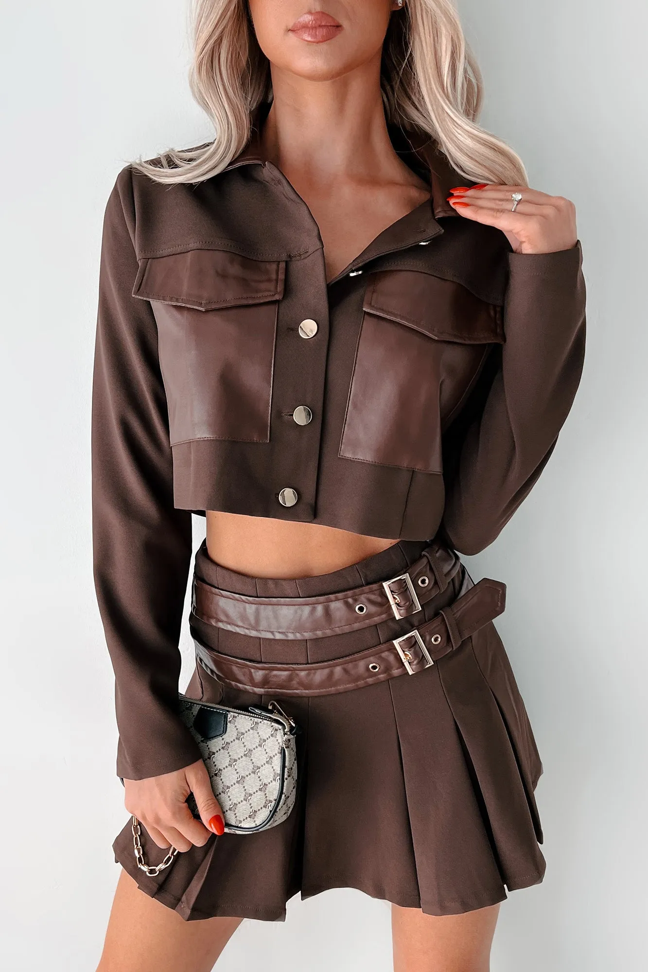 Different Type Of Girl Crop Jacket & Skirt Set (Chocolate)