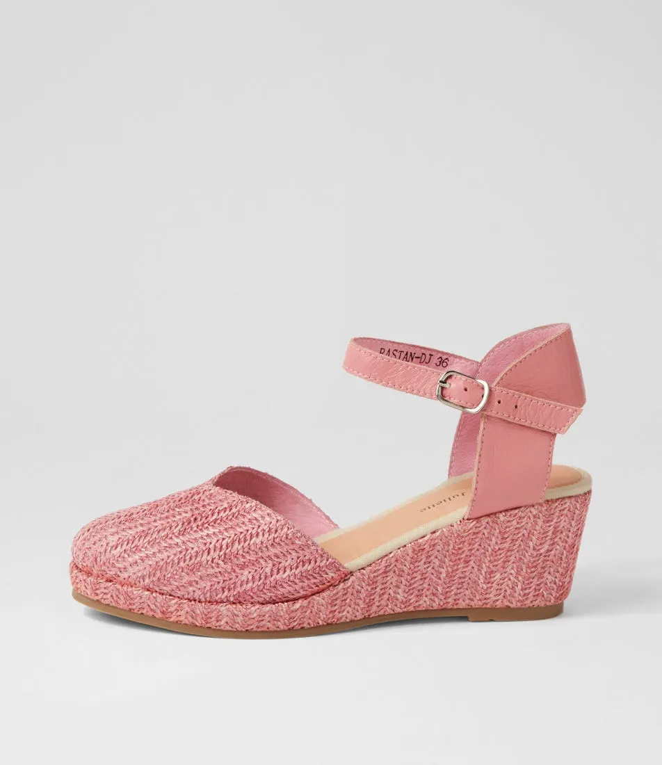 Pink Synthetic Raffia Leather Wedges