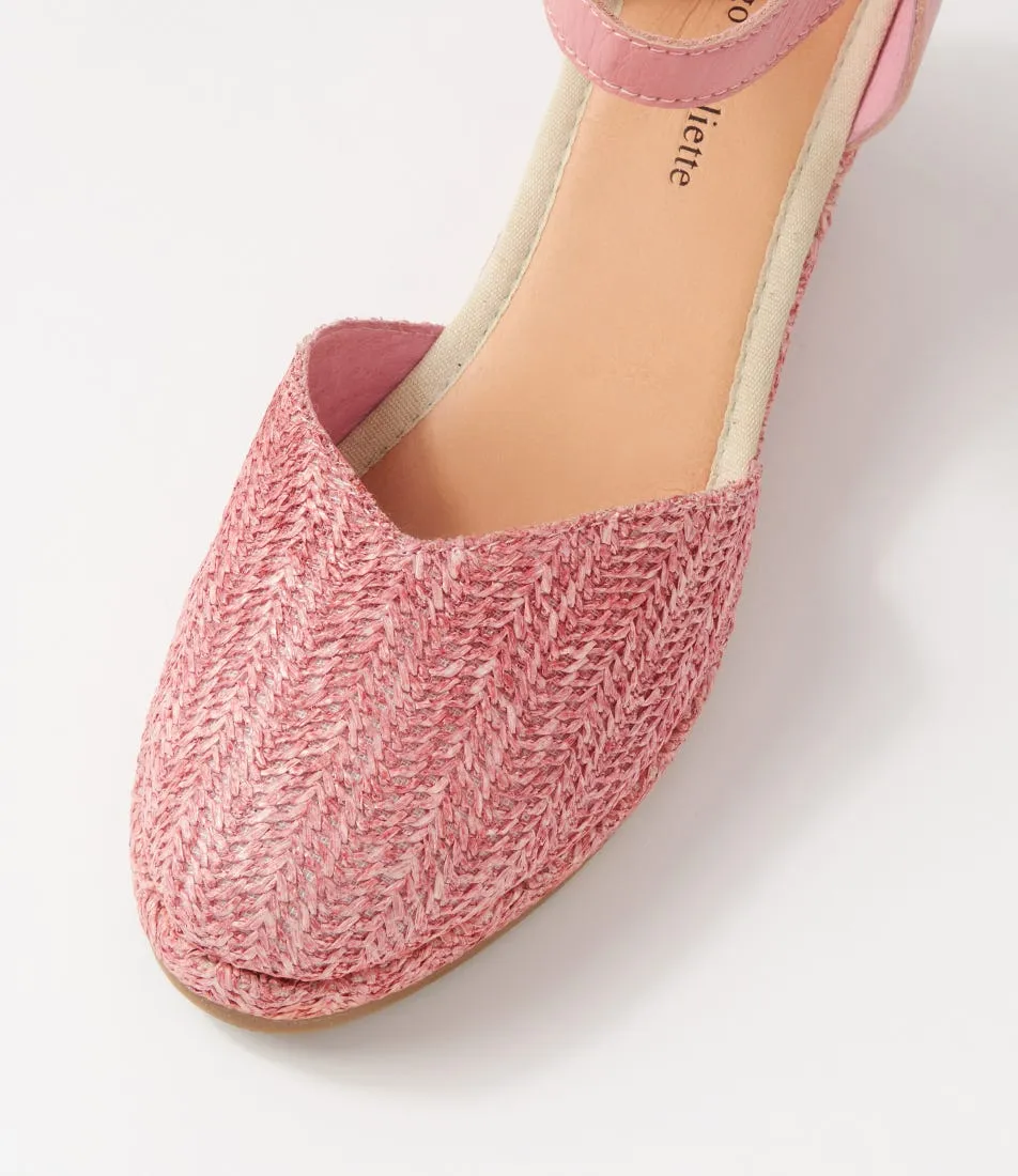 Pink Synthetic Raffia Leather Wedges