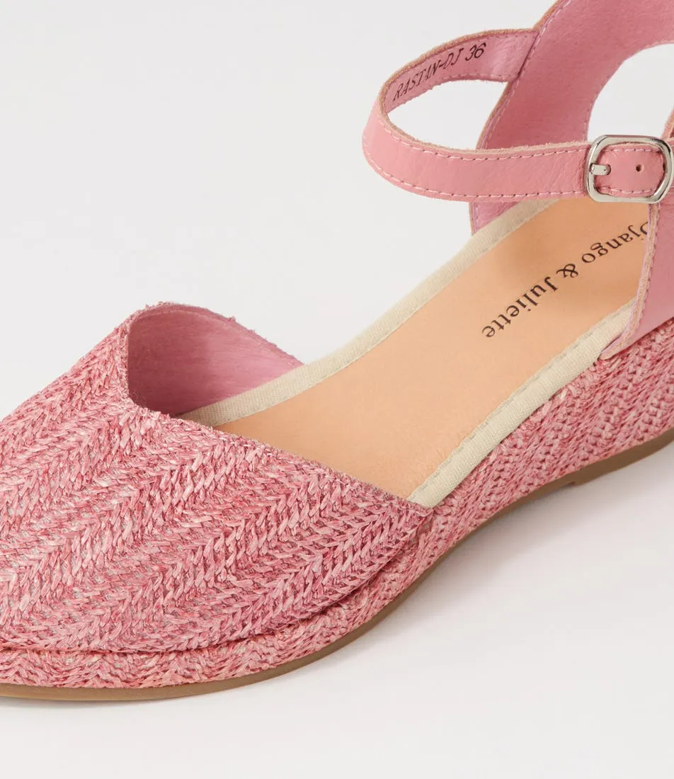 Pink Synthetic Raffia Leather Wedges