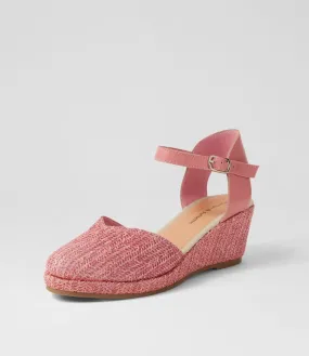 Pink Synthetic Raffia Leather Wedges