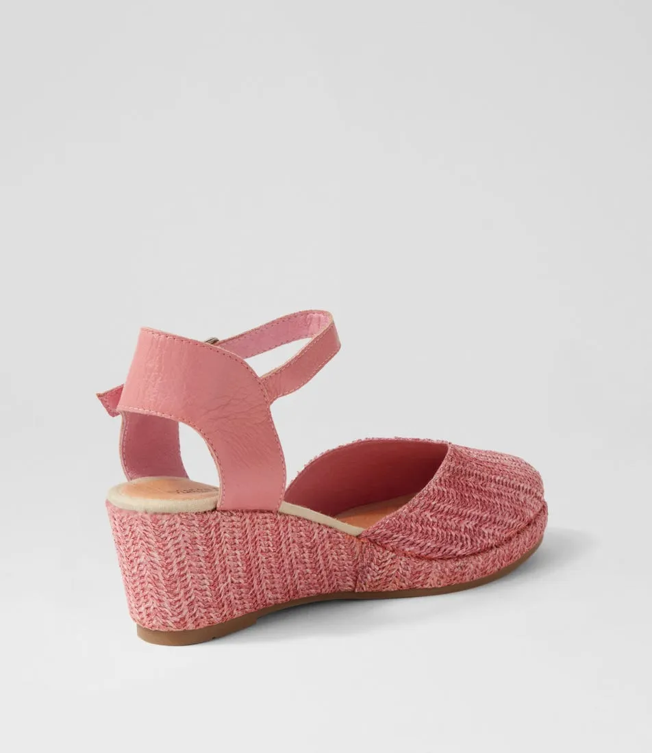 Pink Synthetic Raffia Leather Wedges