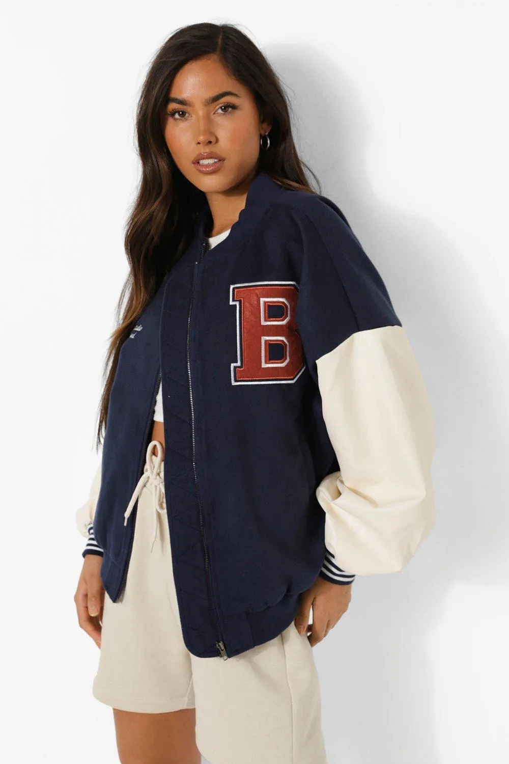 Embroidered B Oversized Varsity Jacket