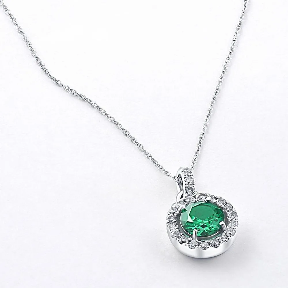 Emerald Diamond Pendant 1.5 Ct Halo 10k White Gold Necklace Women 18 Length