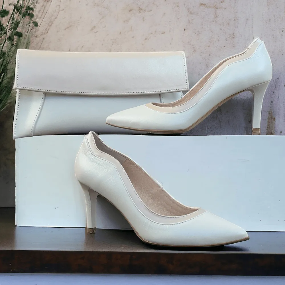 Emis Ladies White Pearlized With Champagne Scallop Trim Heels