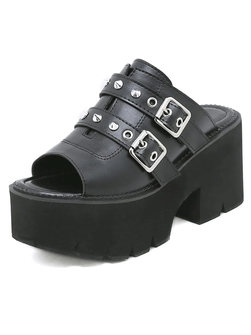 Women's Black PU Leather Open Toe Chunky Platforms