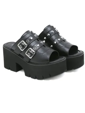 Women's Black PU Leather Open Toe Chunky Platforms