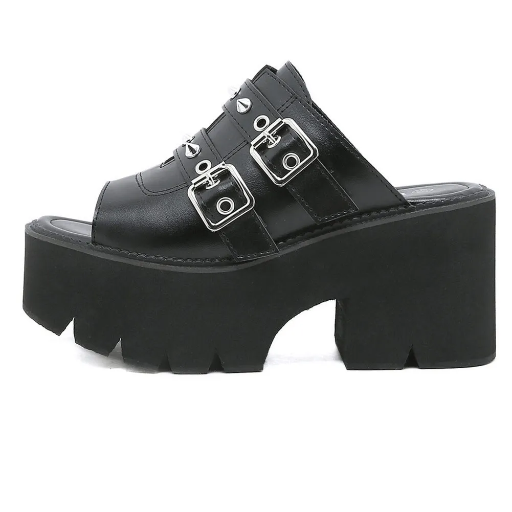 Women's Black PU Leather Open Toe Chunky Platforms