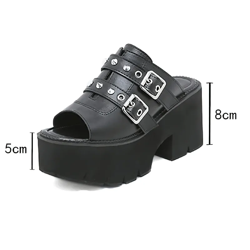 Women's Black PU Leather Open Toe Chunky Platforms