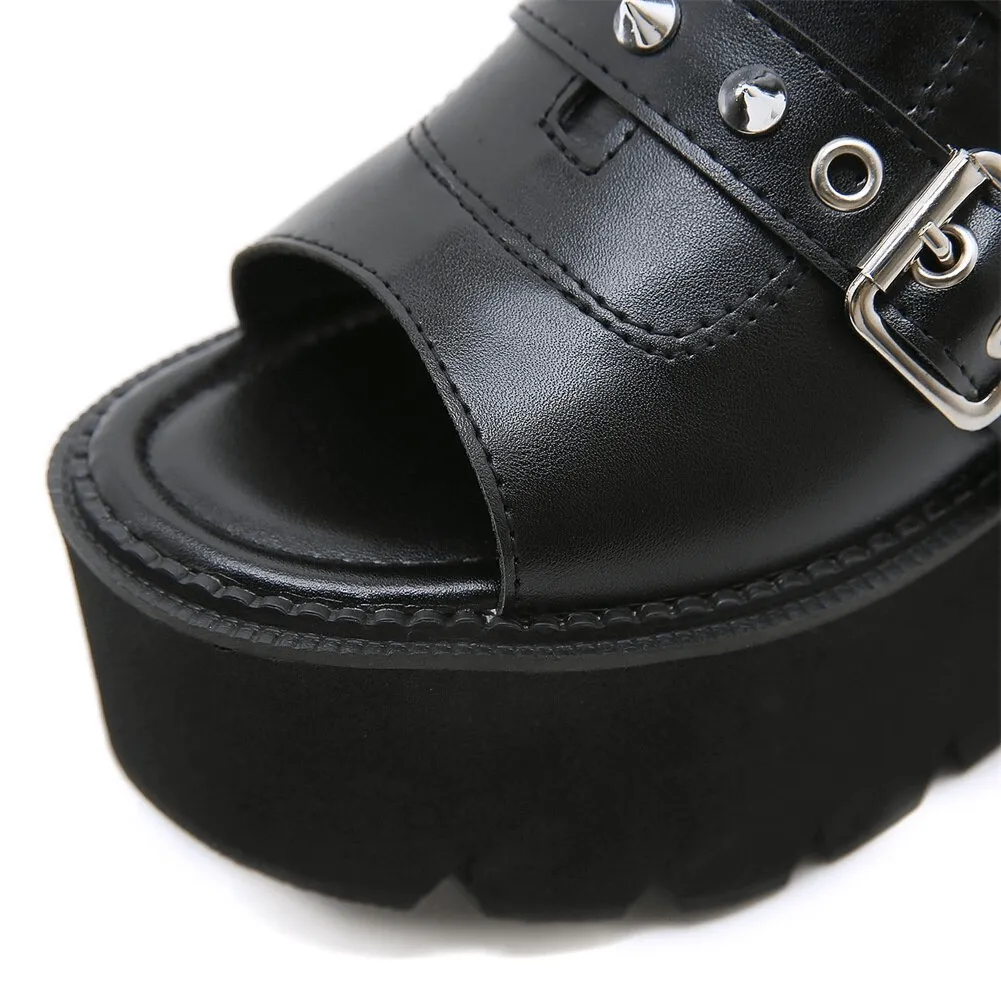 Women's Black PU Leather Open Toe Chunky Platforms