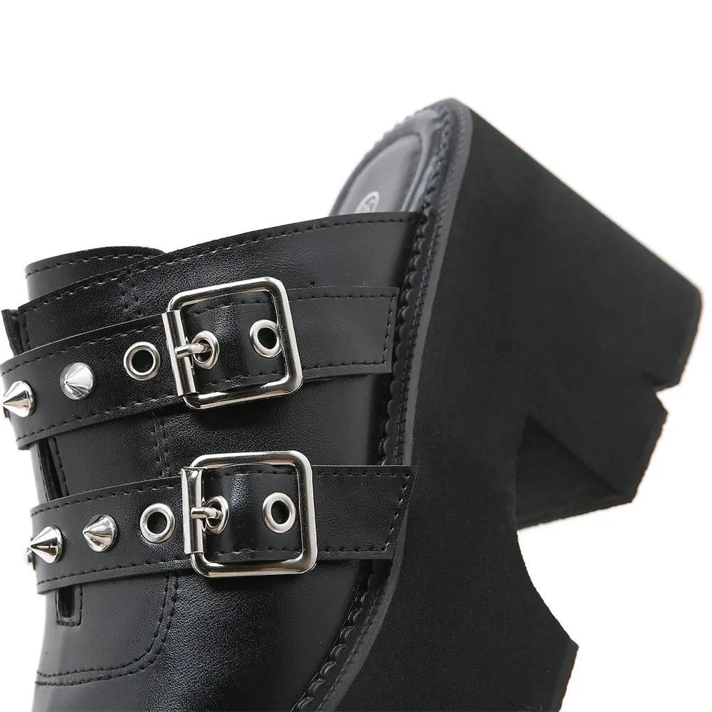 Women's Black PU Leather Open Toe Chunky Platforms