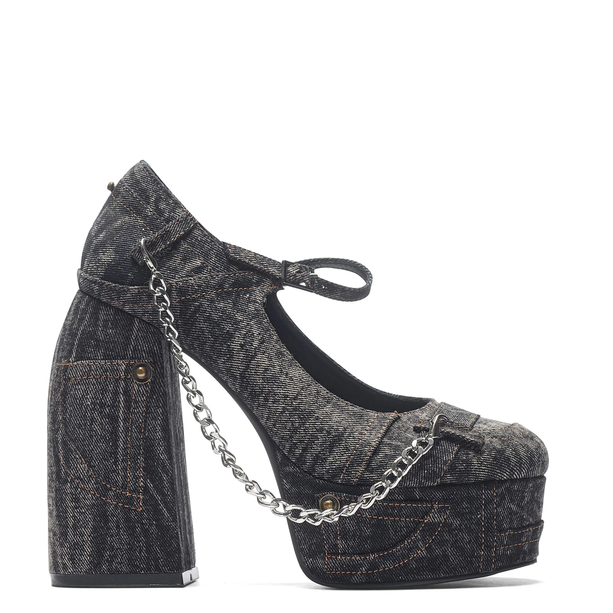 Faded Denim Platform Heels - Black