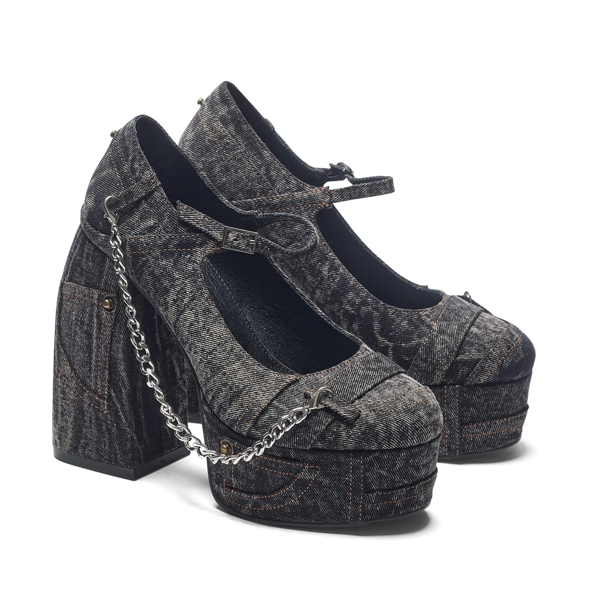 Faded Denim Platform Heels - Black