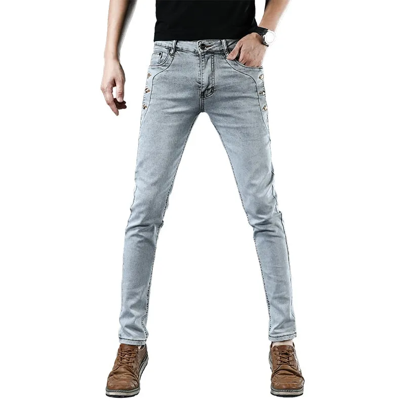 Fashion Men's Slim Fit Cotton Jeans with Button Pocket in Solid Pattern and Mid Waist