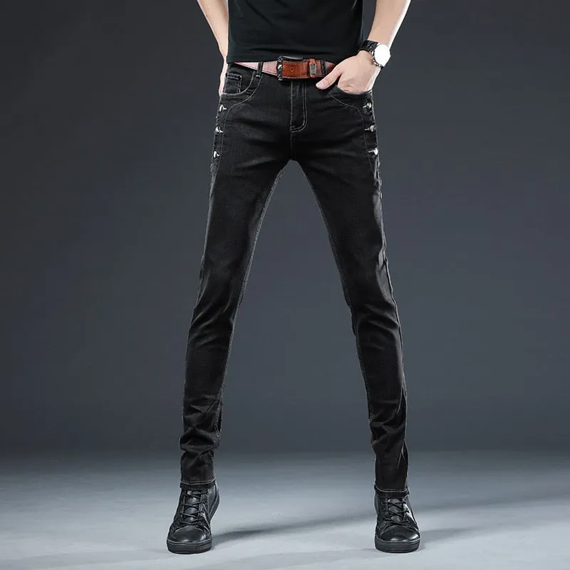 Fashion Men's Slim Fit Cotton Jeans with Button Pocket in Solid Pattern and Mid Waist