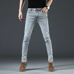 Fashion Men's Slim Fit Cotton Jeans with Button Pocket in Solid Pattern and Mid Waist