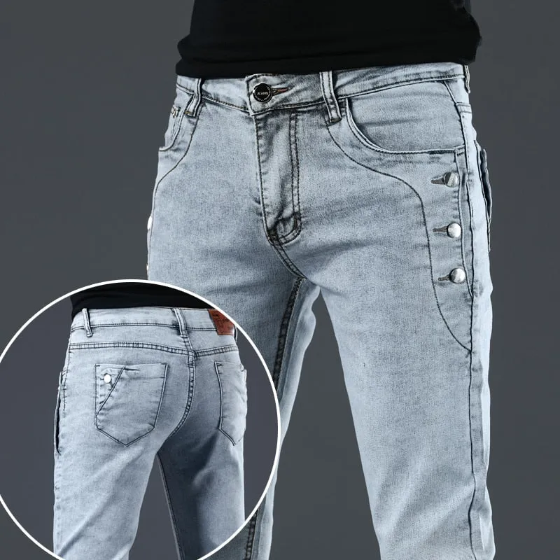 Fashion Men's Slim Fit Cotton Jeans with Button Pocket in Solid Pattern and Mid Waist