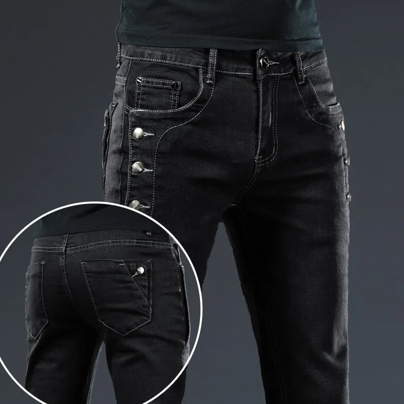 Fashion Men's Slim Fit Cotton Jeans with Button Pocket in Solid Pattern and Mid Waist