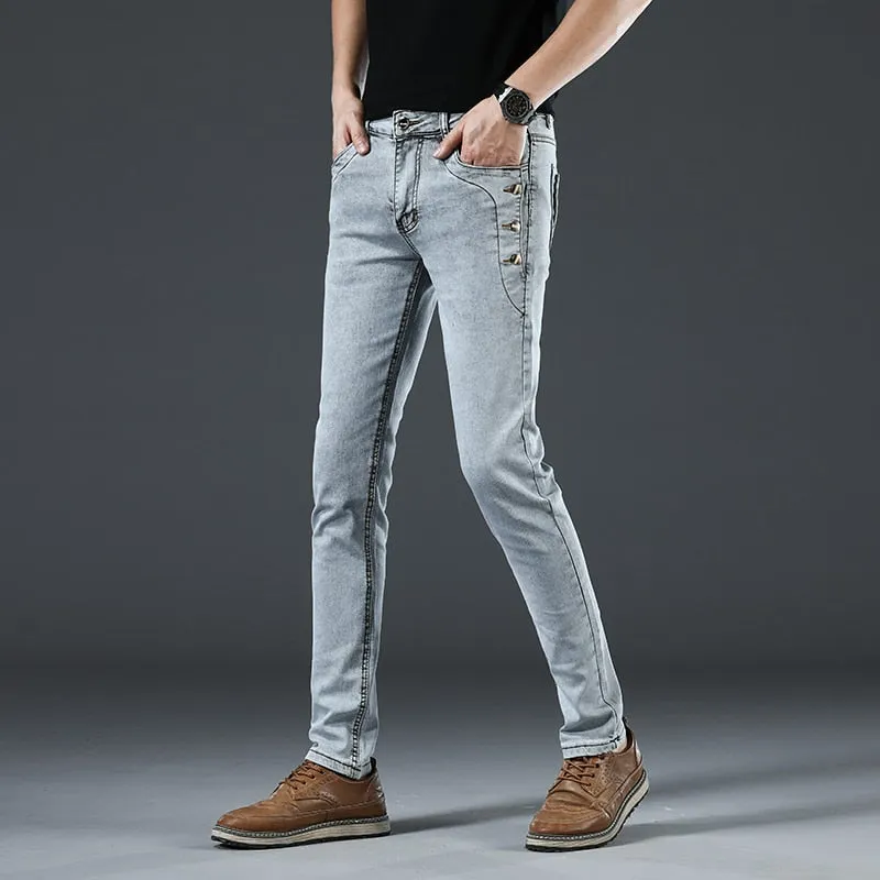 Fashion Men's Slim Fit Cotton Jeans with Button Pocket in Solid Pattern and Mid Waist