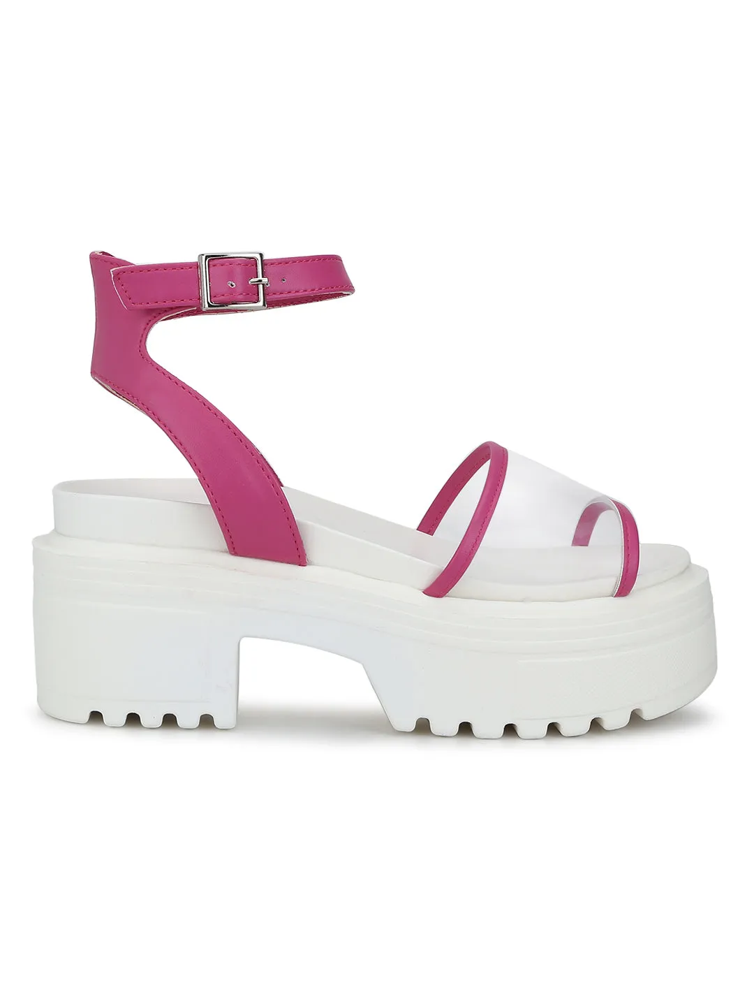 Fuschia Perspex Cleated Bottom Ankle Strap Platform Block Heels