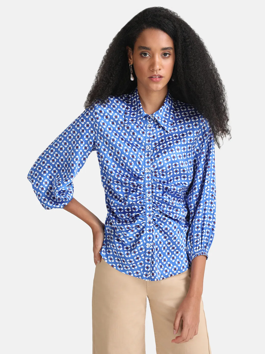 Geometric Print Shirt With Ruched Detail