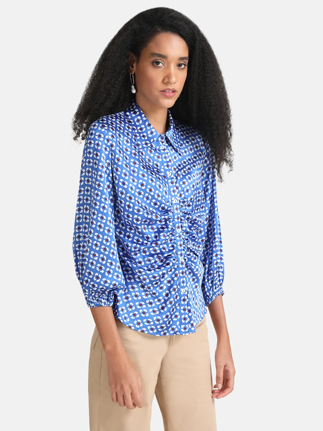 Geometric Print Shirt With Ruched Detail